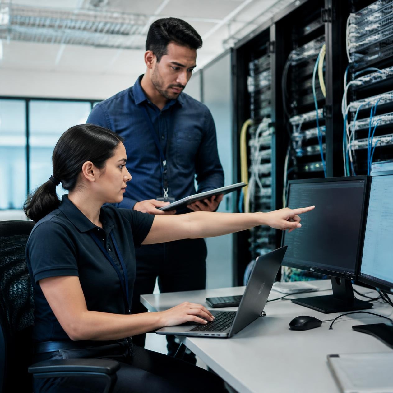 Two engineers reviewing network test results beside server racks