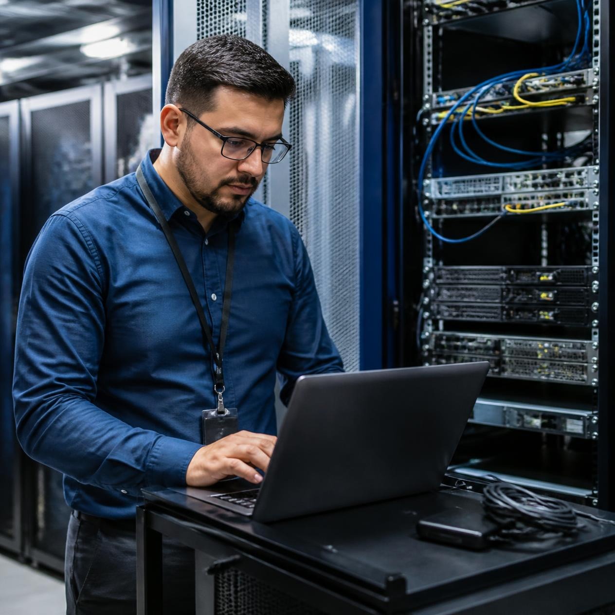 Security tester working on a laptop beside a server rack